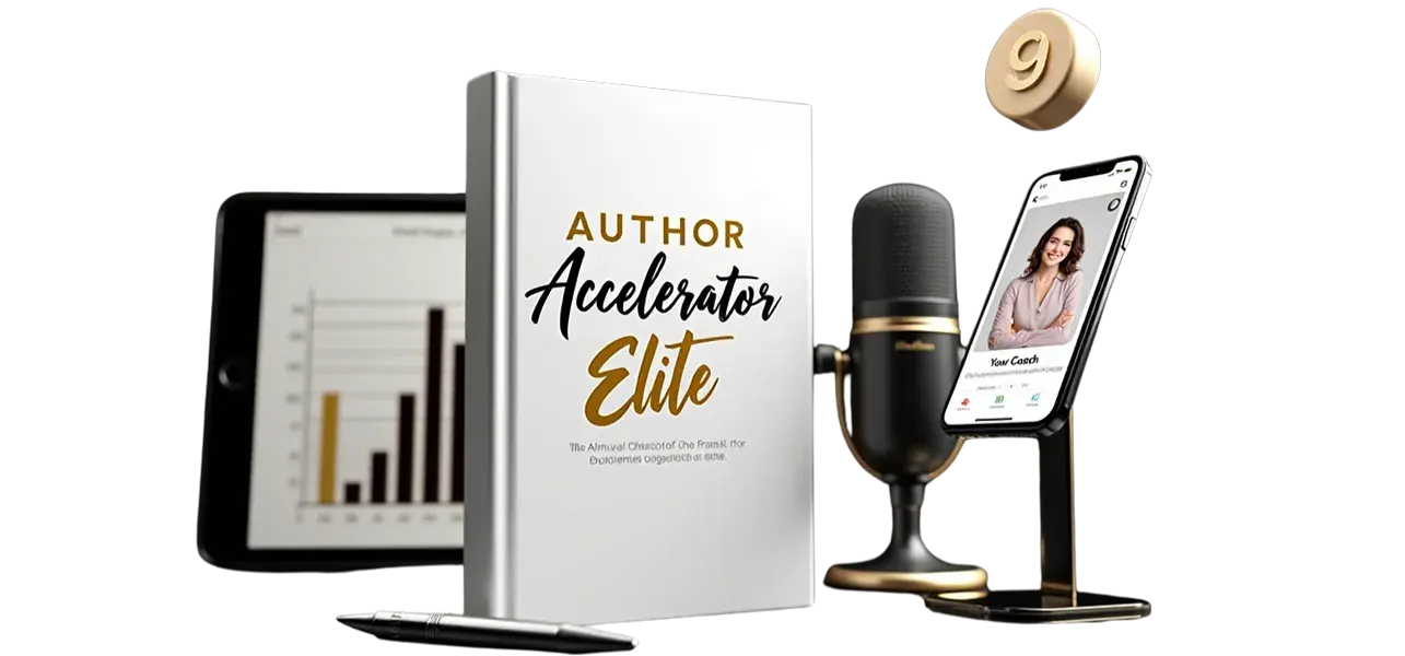 A book titled Author Advantage Accelerator Elite with a laptop and coaching session visuals.